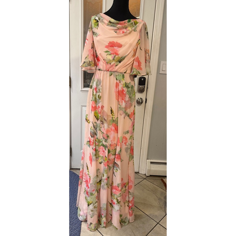Adrianna Papell Floral Chiffon Gown Blush Multi Cowl Neck Flutter Sleeve Size 2